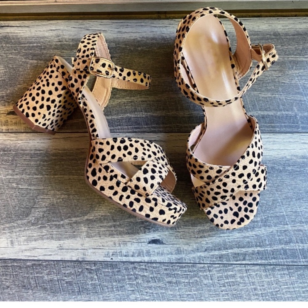 New In Box Cheetah/leopard print sandals with ankle strap, 3” block heels